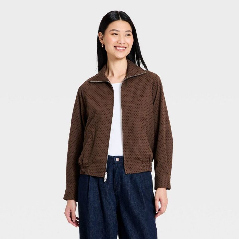 Women's Mock-Neck Full Zip Bomber Jacket - A New Day Brown Dot L